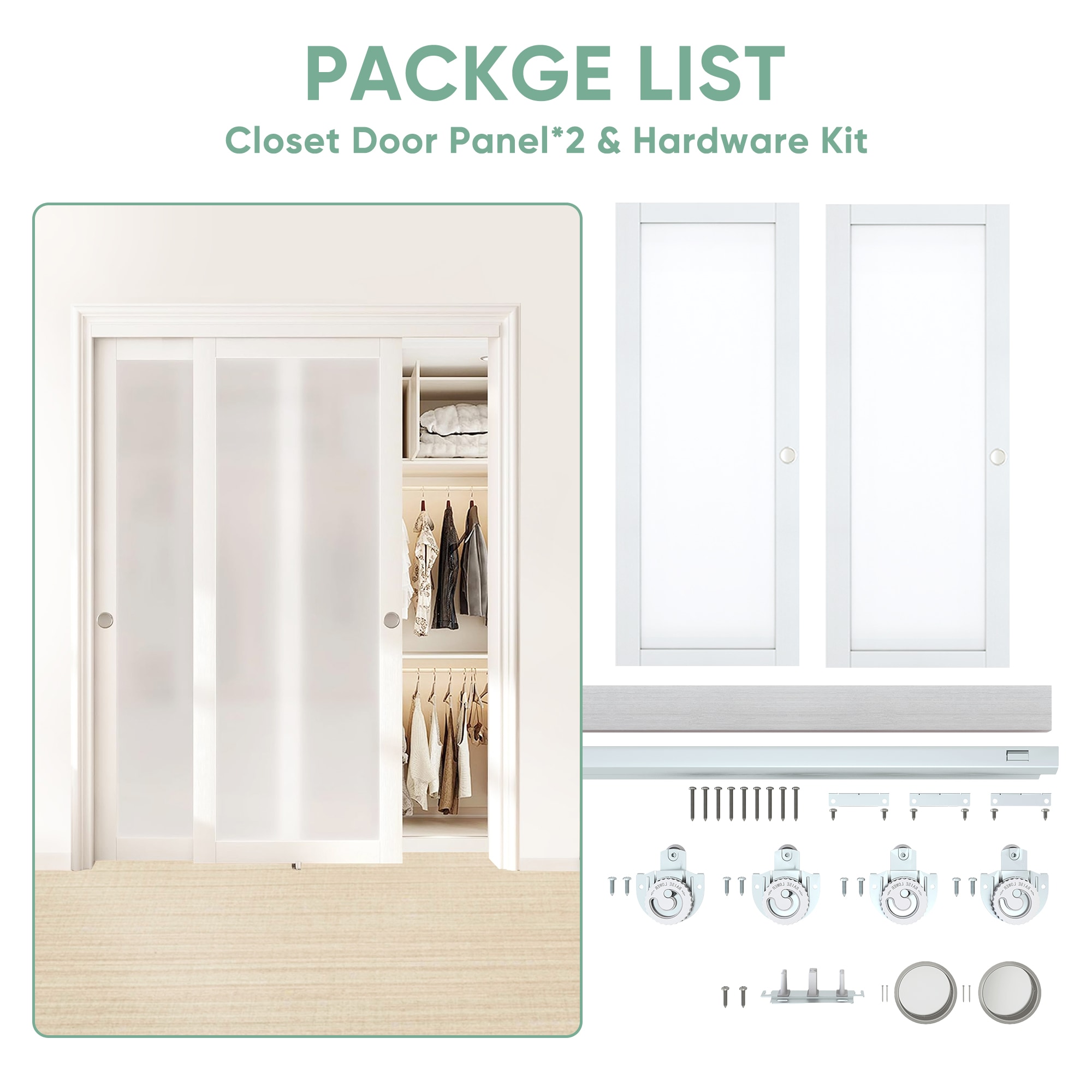 60'' X 80'' 1-Lite Tempered Frosted Glass Wood Double Bypass Sliding Closet Doors With Installation Hardware Kit_voghion.com